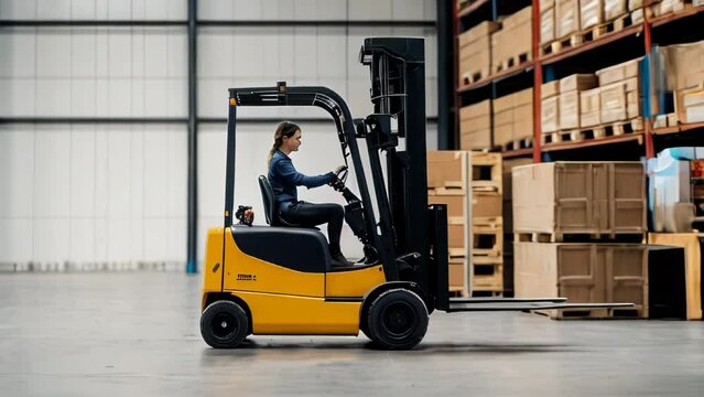 omnidirectional forklift with driver woman isolated on white background. Electric uploader. Delivery, logistic and shipping cargo