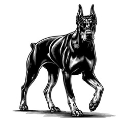 Hand drawn illustration of fierce doberman dog, vector sketch isolated on transparent background.