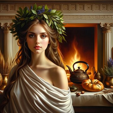 Hestia, the virgin goddess of the hearth and the home. Ancient Greek mythology. Fireplace that illuminates the room with a warm, inviting glow. Calm and dignity. Kettle, herbs, bread. Generative AI