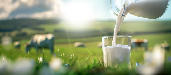 jug filling a glass of milk with field in the background
