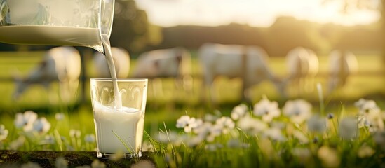 jug filling a glass of milk with field in the background