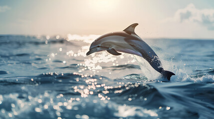 Beautiful dolphins jumping out of sea at sunset