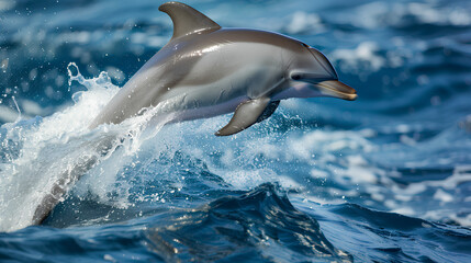 Fototapeta premium Dolphin jumping out of the ocean waves, gorgeous and sleek dolphin flipping out of the ocean water to grab some air.
