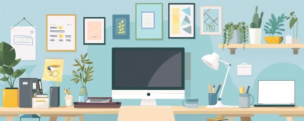 Fototapeta premium A computer desk with a monitor, keyboard, mouse, and a cup of coffee. The desk is surrounded by plants and has a clock on the wall. Scene is that of a comfortable and productive workspace