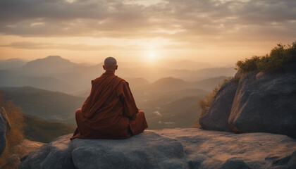 rear view of a monk sitting on a rocky mountaintop watching the sunset 
 - Powered by Adobe