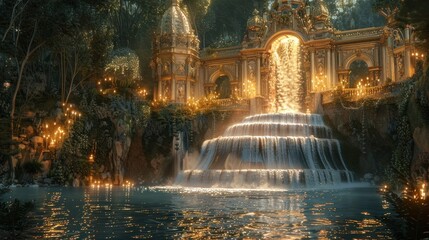 Harmonious Fusion of Baroque Splendor and Nature A D Rendered Waterfall in Golden Illumination