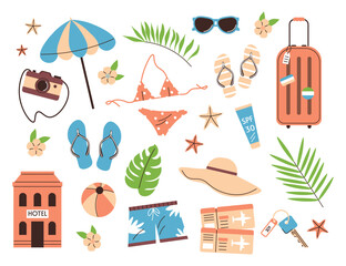Set of summer elements. Suitcase, camera, bikini, hotel building. Accessories for beach vacations. Tourist objects. Male and female  items. For travel and holidays. Flat vector on white background.
