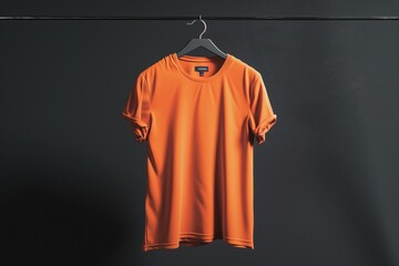 Orange t-shirt mockup on a black background, displayed on a hanger, isolated in HD
