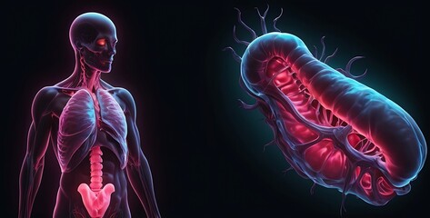 isolated on dark gardient background with copy space, neon human spleen concept, illustration
