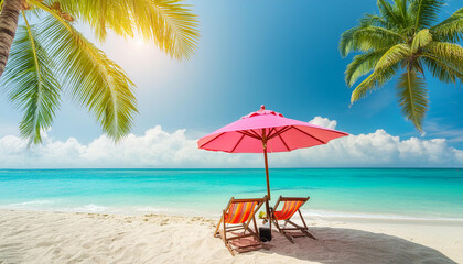 Fototapeta na wymiar photo beautiful tropical beach and sea with chair umbrella, coconut palms travel tourism