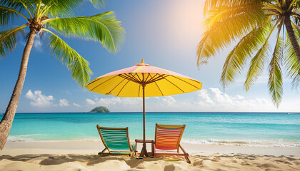 photo beautiful tropical beach and sea with chair umbrella, coconut palms travel tourism