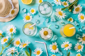 Refreshing Summer Drinks With Daisies and Straw Hat on a Bright Day