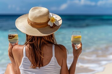 Woman Relaxing on Tropical Beach Holding Wine Glasses in Sunny Afternoon