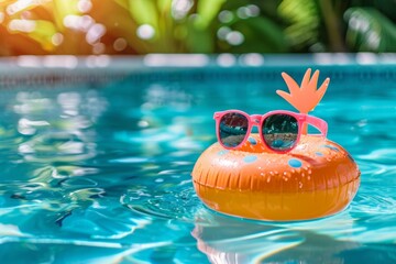 Bright Orange Inflatable With Sunglasses Floating in a Pool
