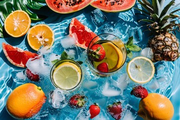 Refreshing Summer Fruit and Beverage Spread by Poolside During Daytime