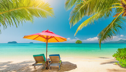 photo beautiful tropical beach and sea with chair umbrella, coconut palms travel tourism