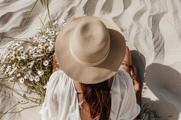 Woman in Straw Hat Sitting on Sandy Beach With Wildflowers