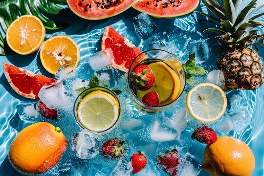Refreshing Summer Fruit and Beverage Spread by Poolside During Daytime