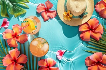 Colorful Tropical Summer Beverage With Ice and Flowers on Sunny Beach Afternoon