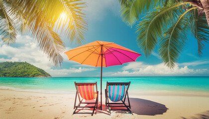 photo beautiful tropical beach and sea with chair umbrella, coconut palms travel tourism