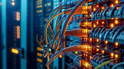 A backdrop of a server room with network cables and lights, network, dynamic and dramatic compositions, with copy space