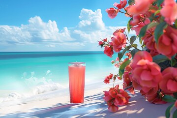 Tropical Beach Paradise With Refreshing Cocktail and Straw Hat in Sunny Afternoon