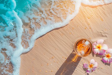 Tropical Beach Paradise With Refreshing Cocktail and Straw Hat in Sunny Afternoon