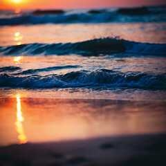 Obraz premium The sunset is reflected on the sea waves and the beach. Generative AI