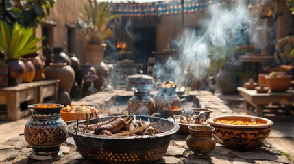 A traditional North African setting with mechoui lamb roasting in the background