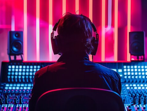 Audio technician with headphones in studio, neon lights