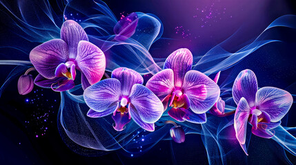 Neon Orchid Dreamscape, Six vibrant orchids with neon hues bloom amidst swirling smoke on a dark background.
