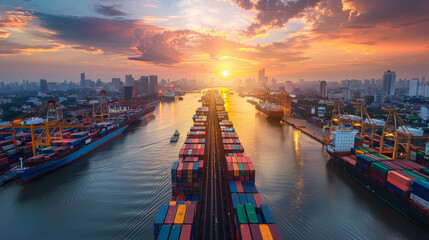 A sunset scene over a busy shipping port with numerous cargo containers and cranes, symbolizing global trade and logistics.
