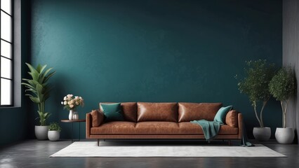 interior of living room with the Rich Leather sofa is near flower on the table