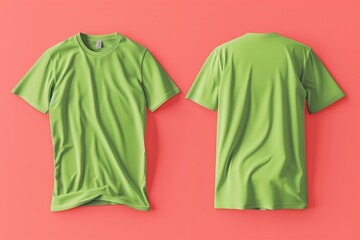 Blank lime green t-shirt mockup side view isolated on soft coral background, hyper-realistic capture showcasing front, back, and side views
