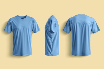 Solid blue t-shirt mockup front view isolated on soft yellow background, crystal clear image presenting front, back, and side views