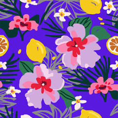 Vector bright summer pattern with tropical flowers, lemon 
and green palm leaves on lilac background. Floral 
fashion ornament for women clothing, fabric, 
textile, paper, notepad, card, packaging.