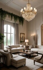 Elegant professional photograph of a white and gold luxury living room interior with a grand chandelier and lush greenery