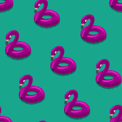 Seamless pattern with inflatable pink rubber flamingos on a green background. Flat design. Modern background