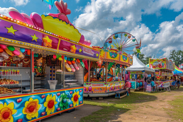 Colorful Summer Day at a Bustling Amusement Park With Rides and Games