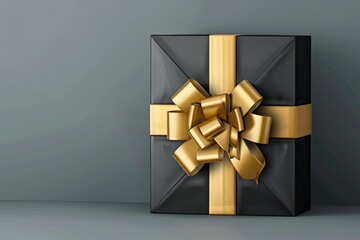 Black present box with a golden ribbon on a gray background, Black Friday sale banner template design with the text "BLACK FRIDAY" and a big white callout for an offer with the words