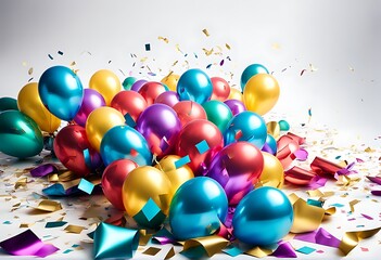 "Colorful Balloons and Foil Confetti Background: Vibrant Party Decoration Design for Celebrations, Holidays, Birthdays, and Festive Events, Creating a Joyful Atmosphere of Celebration