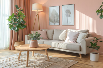 Living Room Interior Design in White and Beige with Pink Walls. Home decor, sofa, chair, furniture