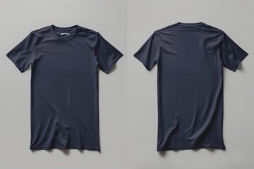 Blank navy blue t-shirt mockup side view isolated on light grey background, hyper-realistic capture displaying front, back, and side views