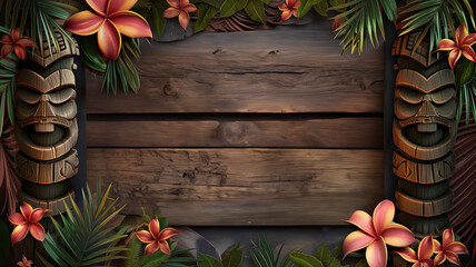 A beachy tiki theme blank sign to accept a custom message or design element; a dark rustic wooden sign texture, allows for custom type & graphics - a border of tropical leaves, flowers and wood masks