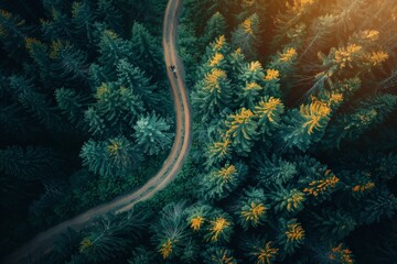 Aerial view of a cyclist on a winding forest trail with autumnal trees and golden sunlight