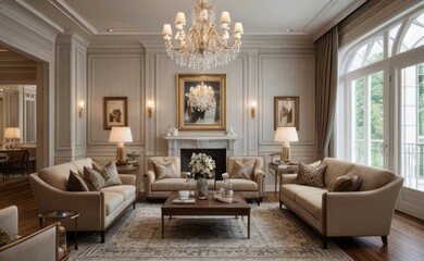 Fototapeta premium Elegant professional photograph of a white and gold luxury living room interior with a grand chandelier and lush greenery