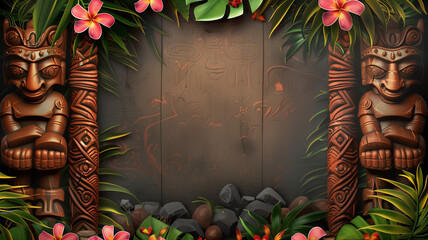 A border of tropical leaves, flowers and wood masks; tiki-themed blank sign to accept a custom message or design element - a dark rustic hawaiian wooden sign that allows for your type sign frame