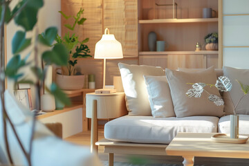 Living Room Interior Design in White and Beige in Japandi Style. Home decor, sofa, furniture, lamp