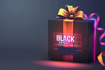 Black present box with a pink ribbon on a gray background, Black Friday sale banner template design with the text "BLACK FRIDAY" and a big white callout for an offer with the words