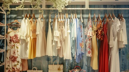 Variety of dresses and shirts hanging on racks in a fashionable womens closet wallpaper. Generative AI